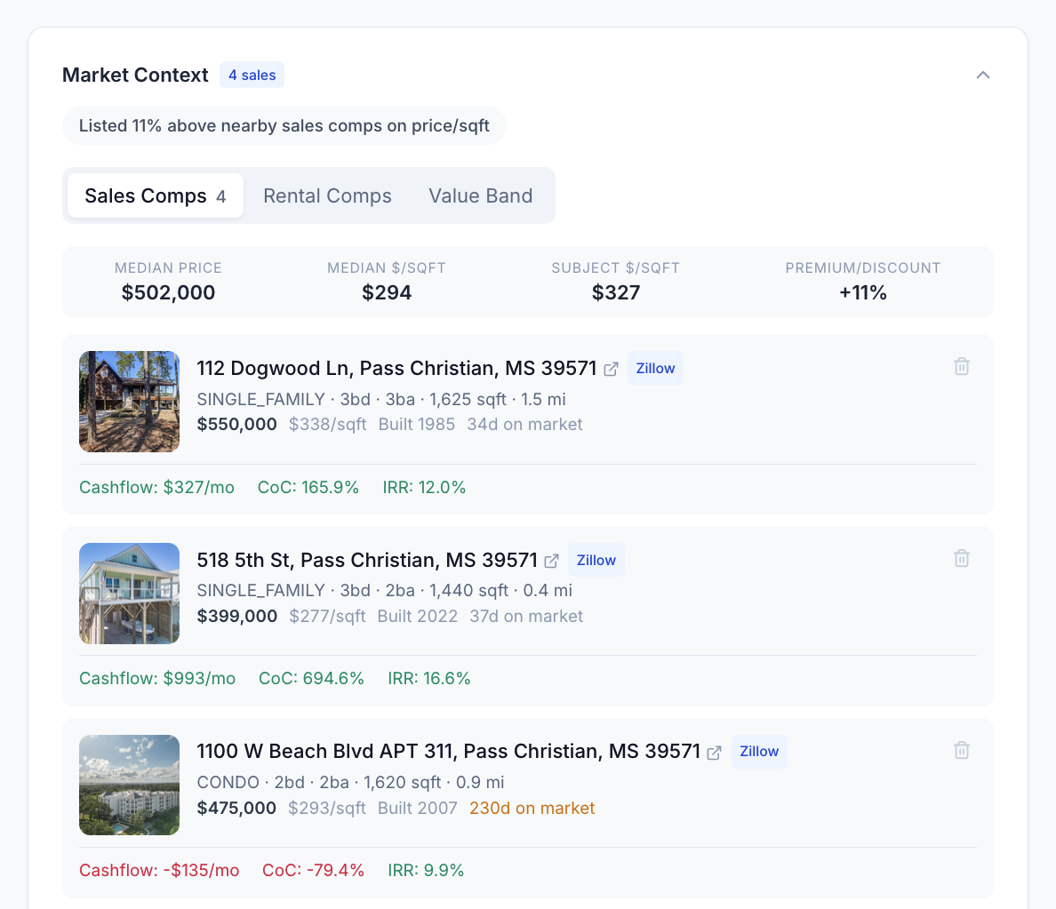 Sales comps, rental comps, and value band for a deal